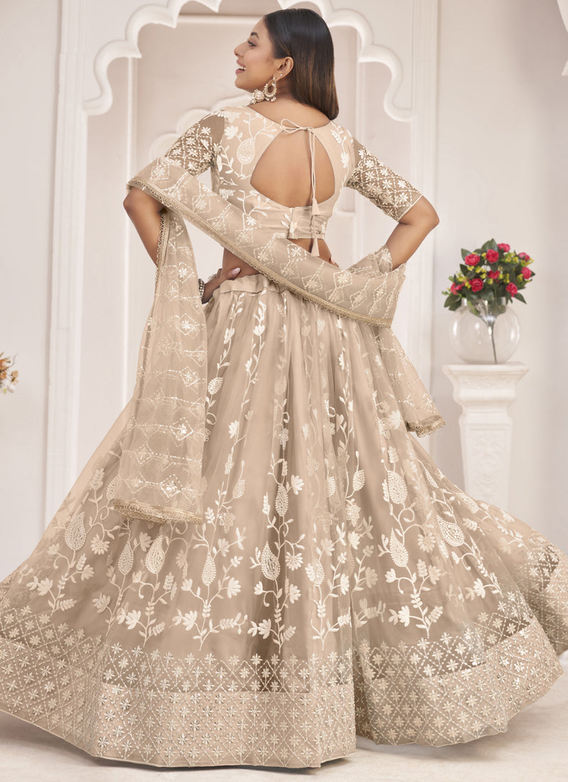Dusty Chiku Butterfly Net Embroidered Thread Wedding Lehenga