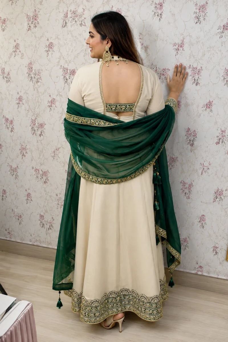 Off White Chinon Anarkali Suit with Green Dupatta