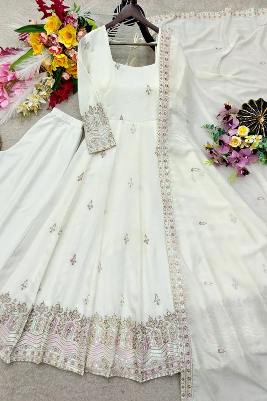 Cream Chinon Embroidered Anarkali Suit with Dupatta