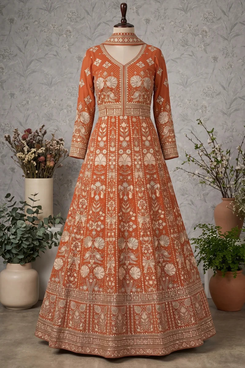 Orange Chinon Front & Back Embroidered Anarkali Gown