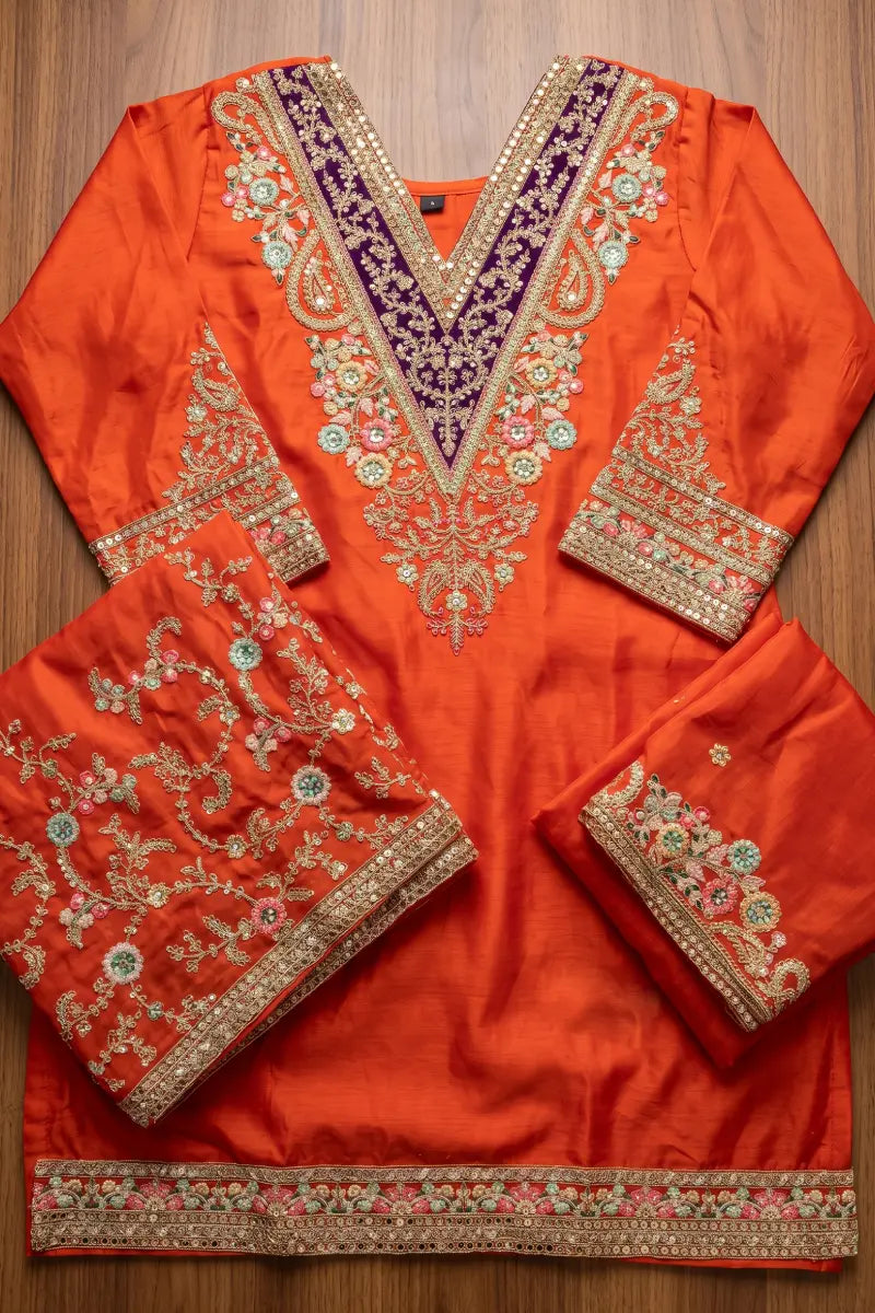 Orange Chinon Heavy Embroidered Palazzo Suit