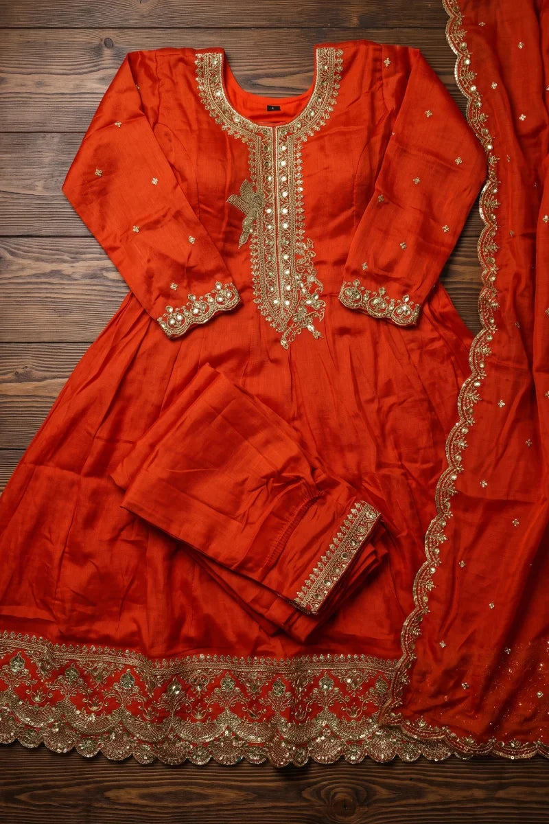Orange Silk Embroidered Premium Anarkali Suit