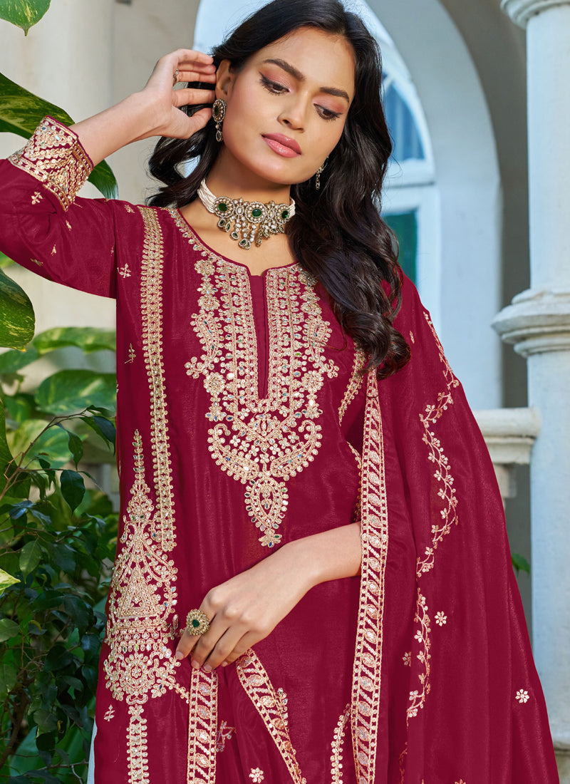 Red Embroidered Chinon Silk Palazzo Siut