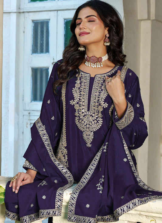 Purple Embroidered Chinon Silk Palazzo Suit