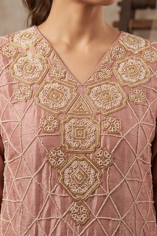 Peach Chinon Embroidered & Beads Palazzo Suit