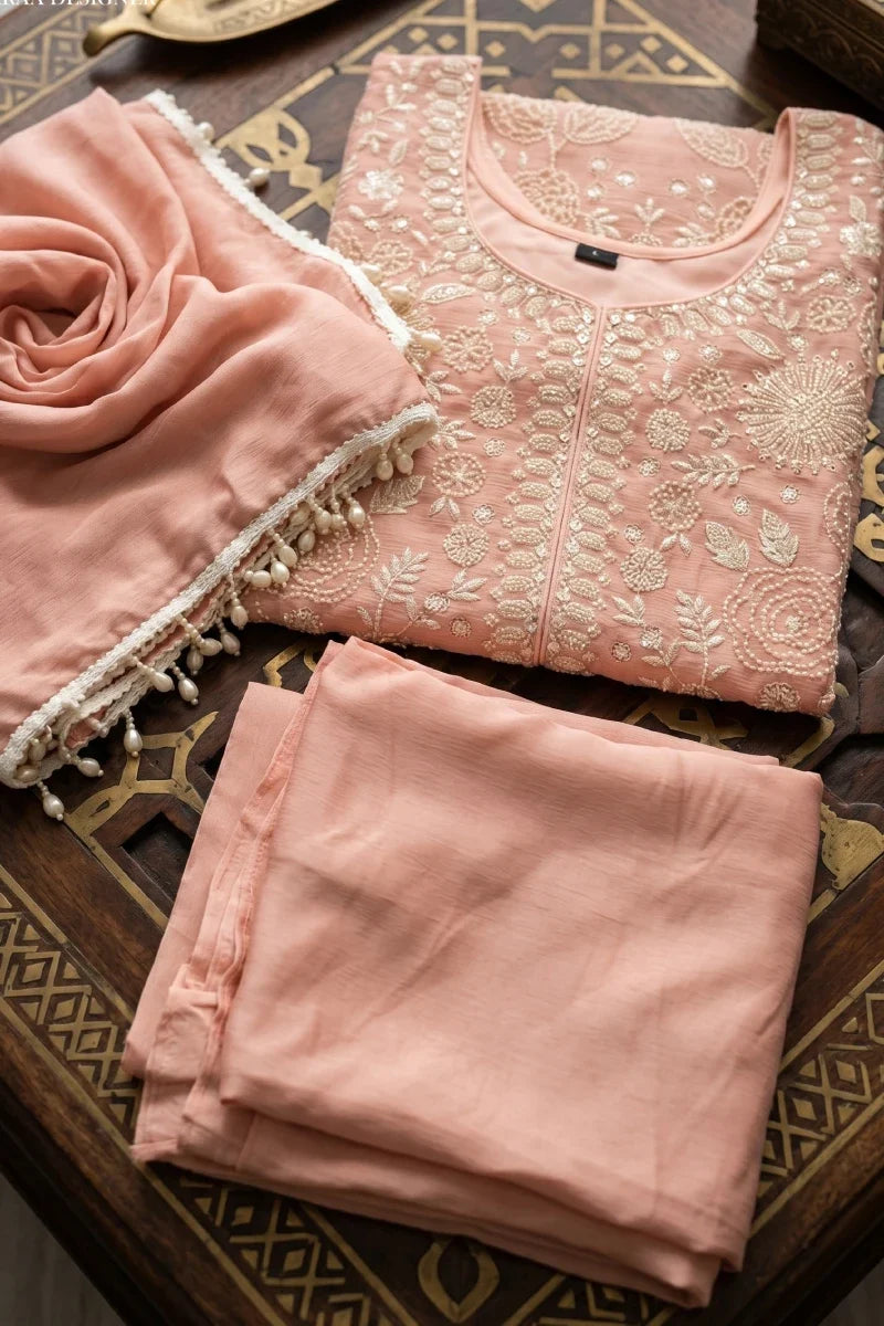 Pink Chinon Beads and Embroidered Palazzo Suit