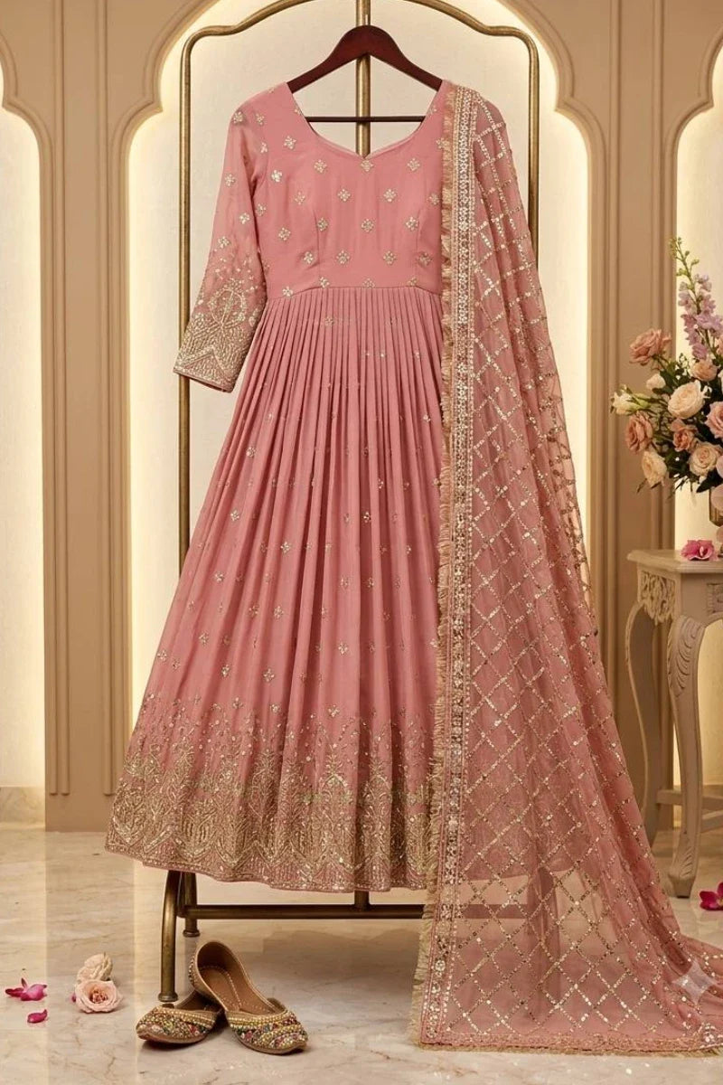 Peach Embroidered Georgette Anarkali Suit with Dupatta