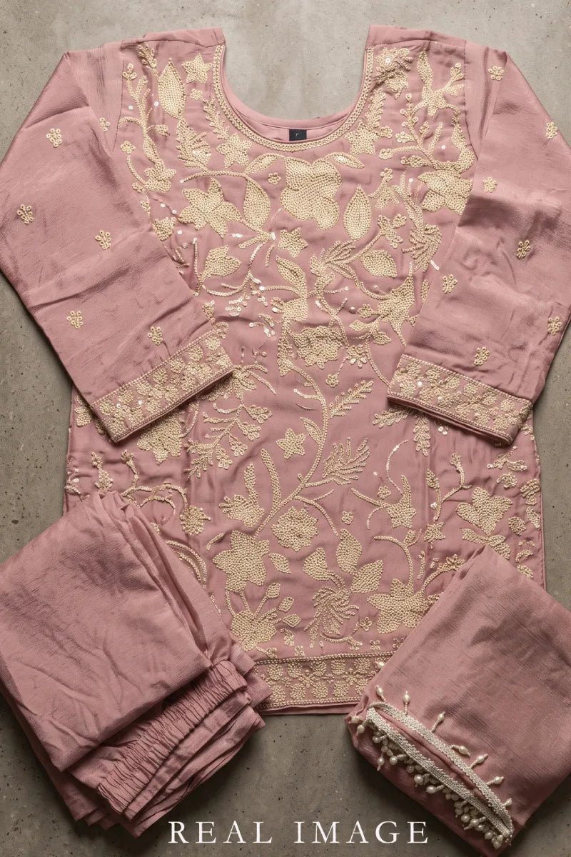 Pink Chinon Embroidered Palazzo Suit with Beads Work