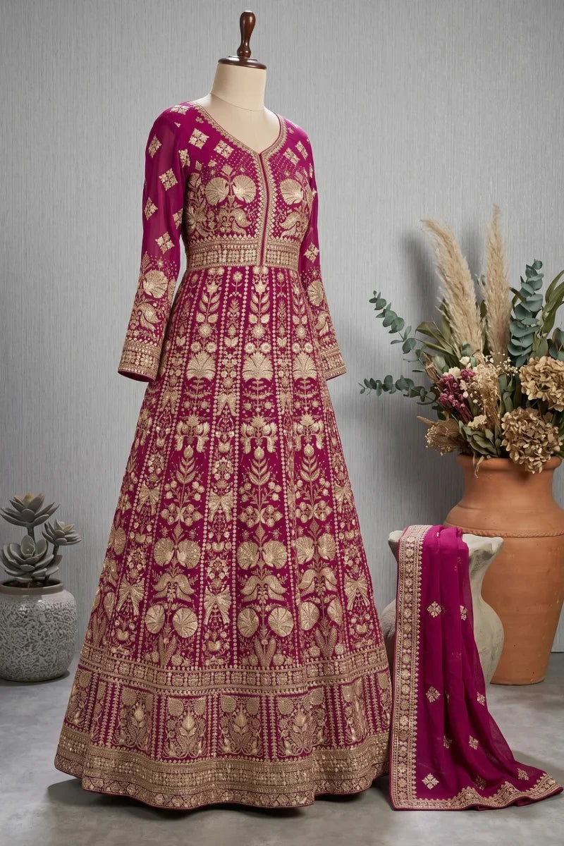 Rani Pink Chinon Front & Back Embroidered Anarkali Gown