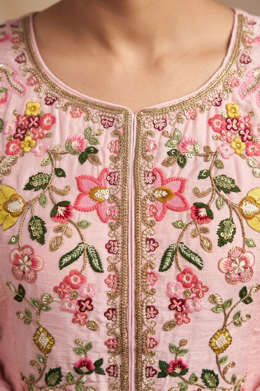 Pink Chinon Front & Back Work Anarkali Skirt Set