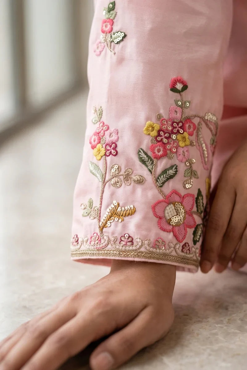 Pink Chinon Front & Back Work Anarkali Skirt Set