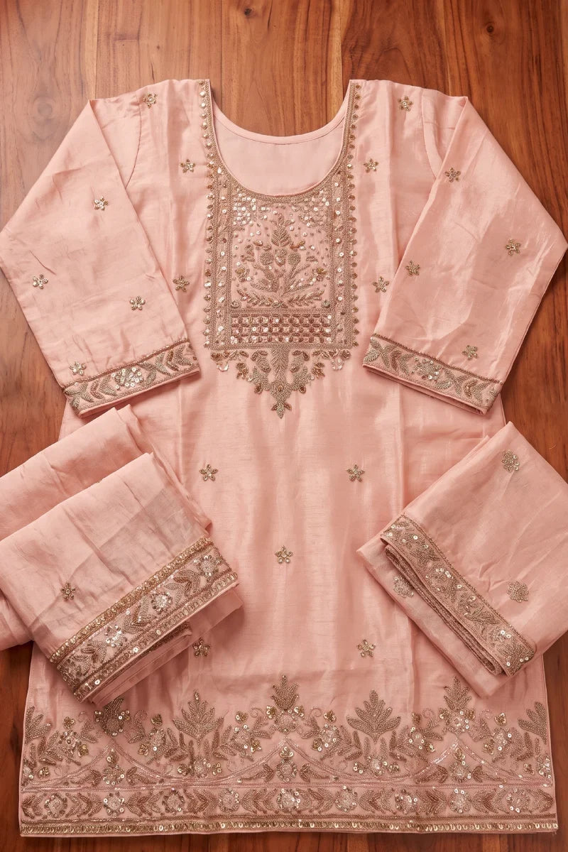 Peach Chinon Hand Work Beads Palazzo Suit