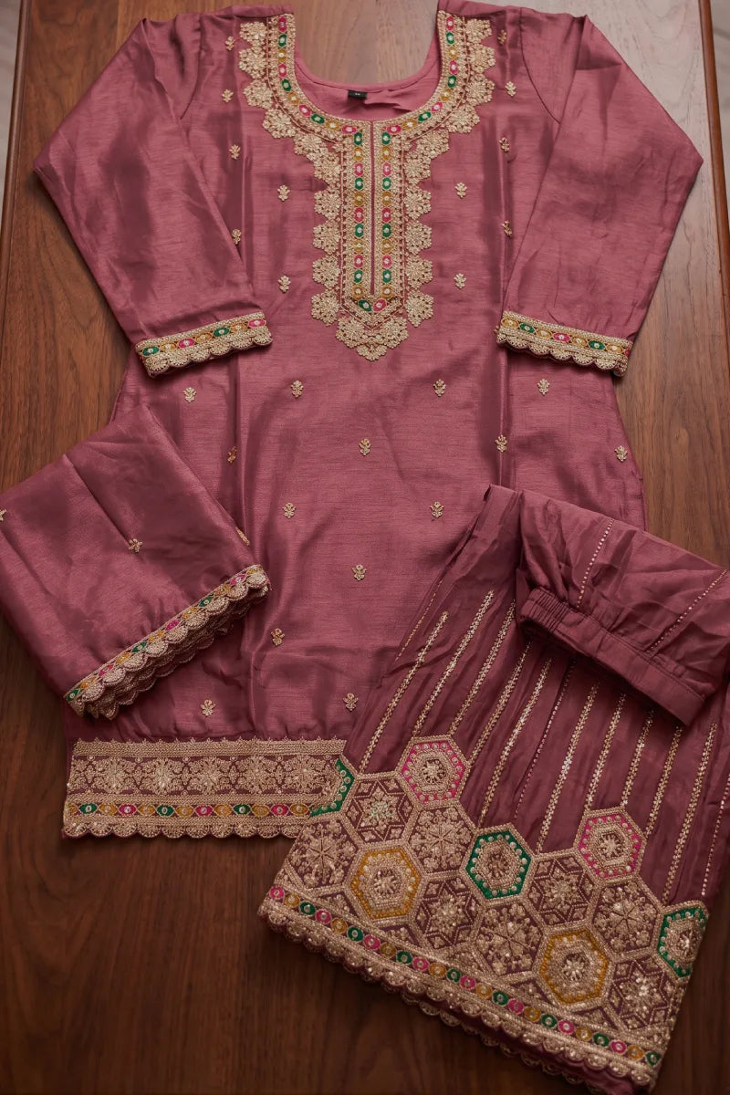Gajari Pink Chinon Heavy Embroidered Palazzo Suit