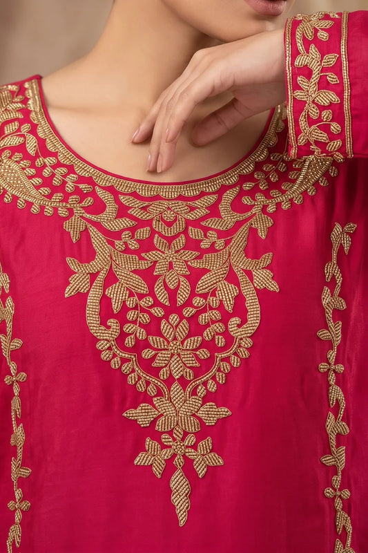 Pink Chinon Beads Work Palazzo Suit