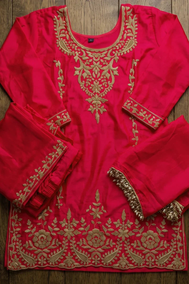 Pink Chinon Beads Work Palazzo Suit