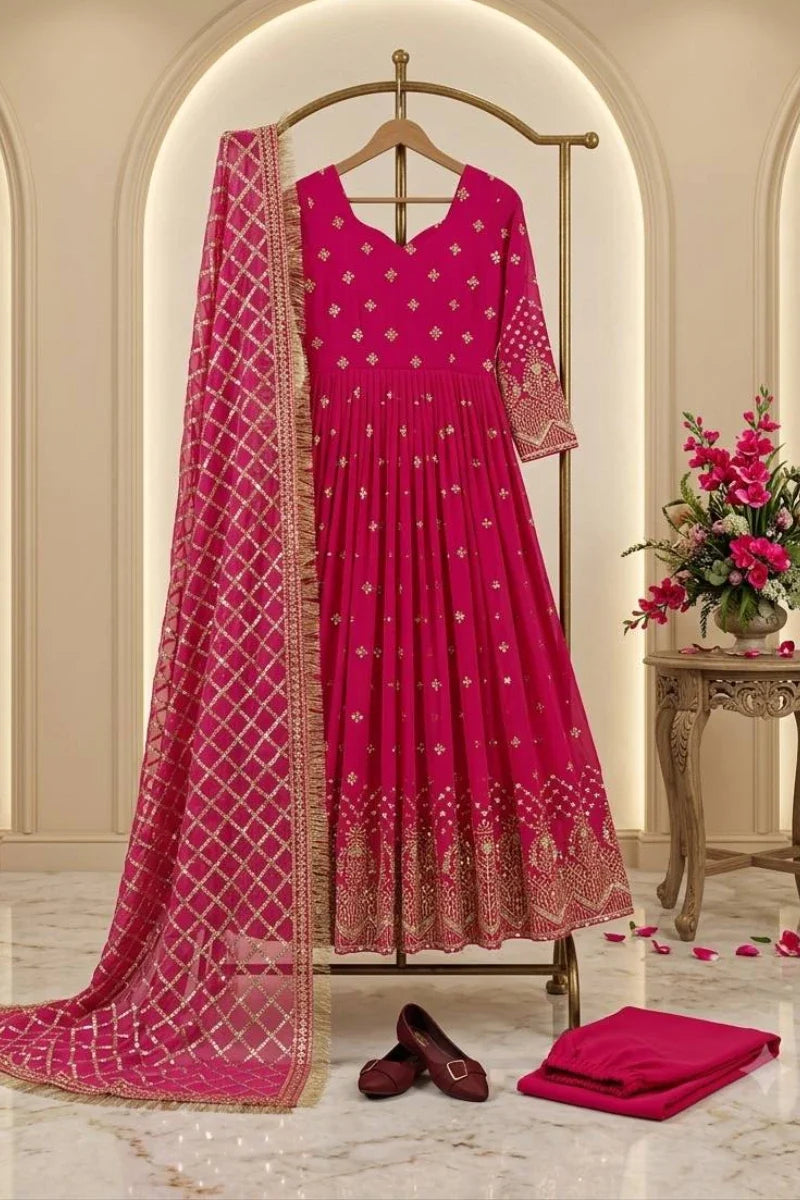 Rani Pink Embroidered Georgette Anarkali Suit with Dupatta