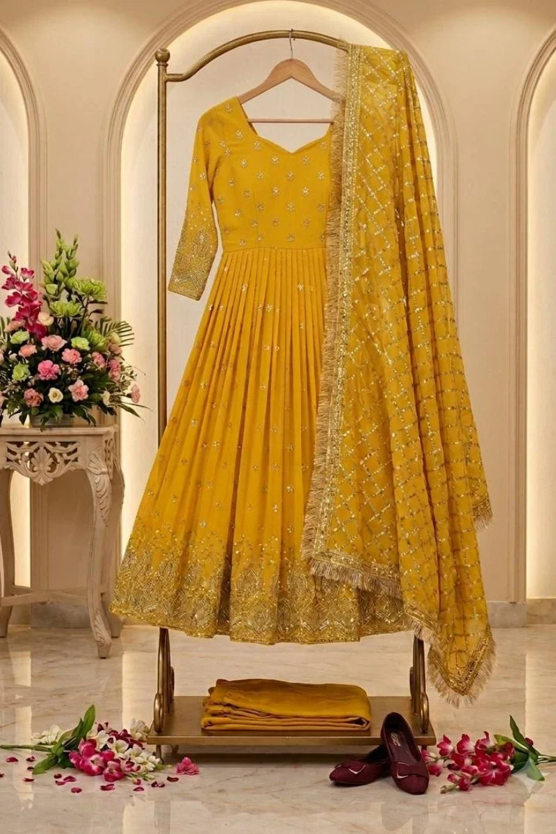 Yellow Embroidered Georgette Anarkali Suit with Dupatta