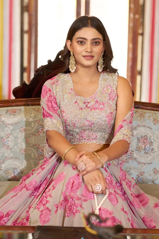 Pink Floral Georgette Embroidered Legenga Choli with Cape