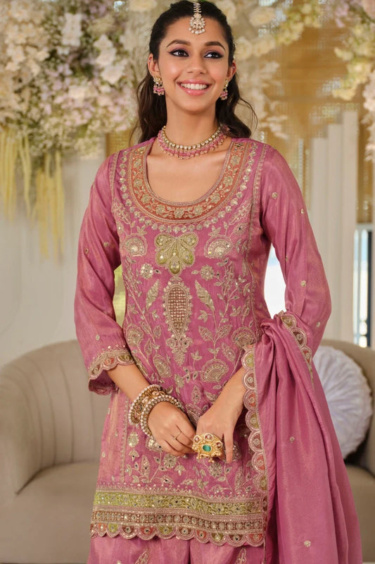 Pink Dola Silk Embroidered Palazzo Suit