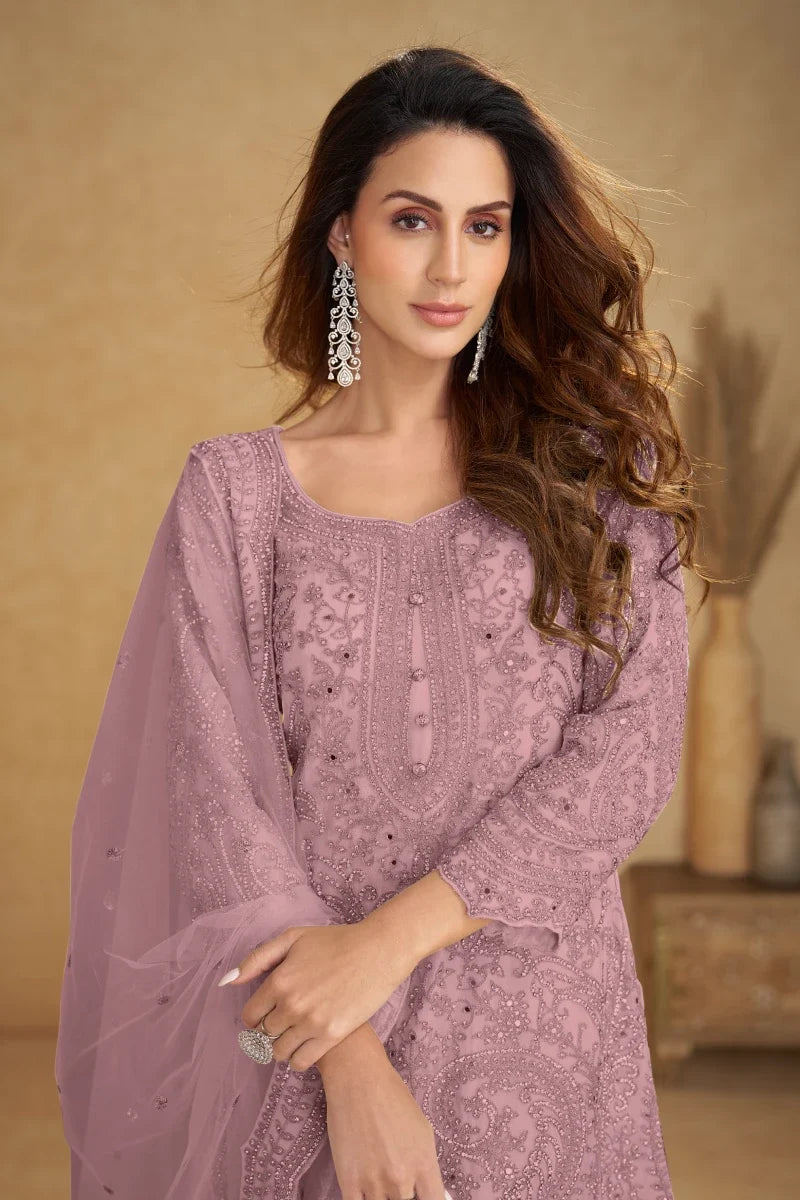 Dusty Pink Soft Net Embroidered Palazzo Suit