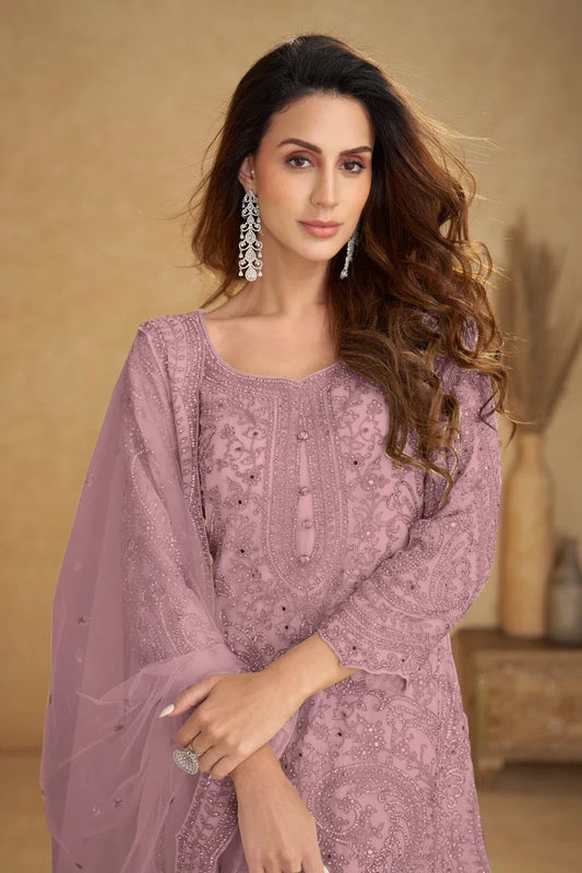 Dusty Pink Soft Net Embroidered Palazzo Suit