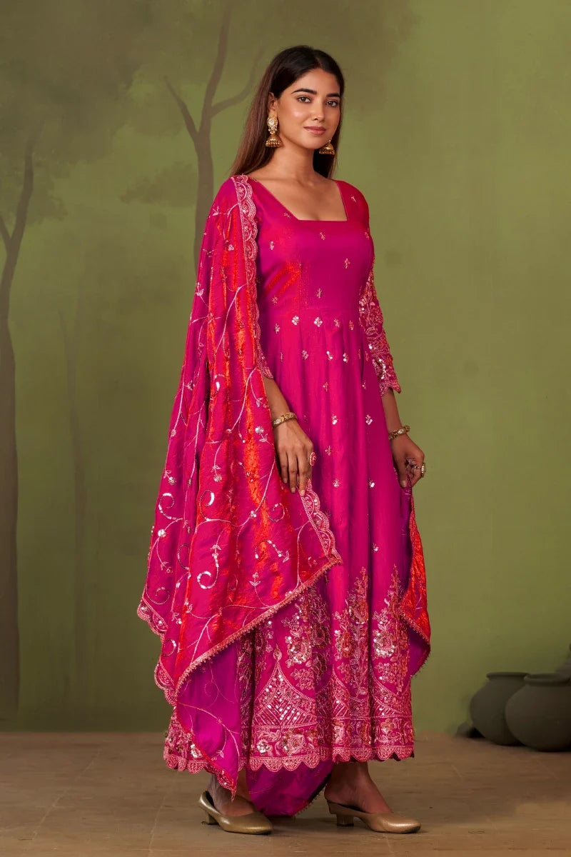 Rani Pink Jelly Simmar Silk Embroidered Anarkali Suit with Dupatta
