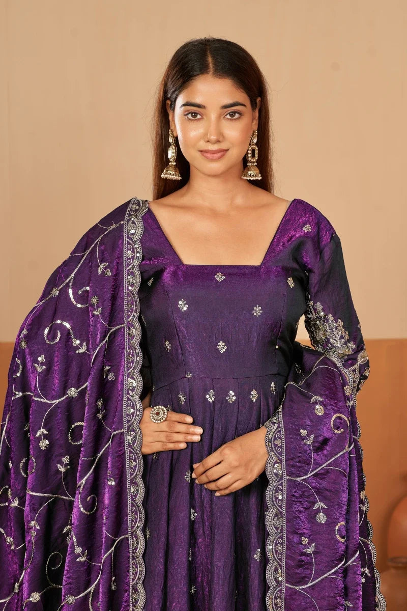 Purple Jelly Simmar Silk Embroidered Anarkali Suit with Dupatta