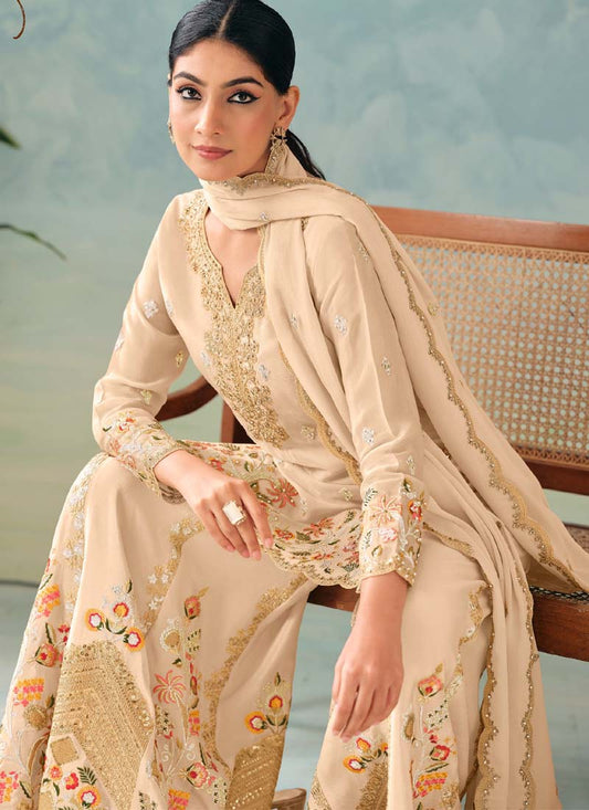 Designer Cream Chinon Palazzo Suit with Embroidery