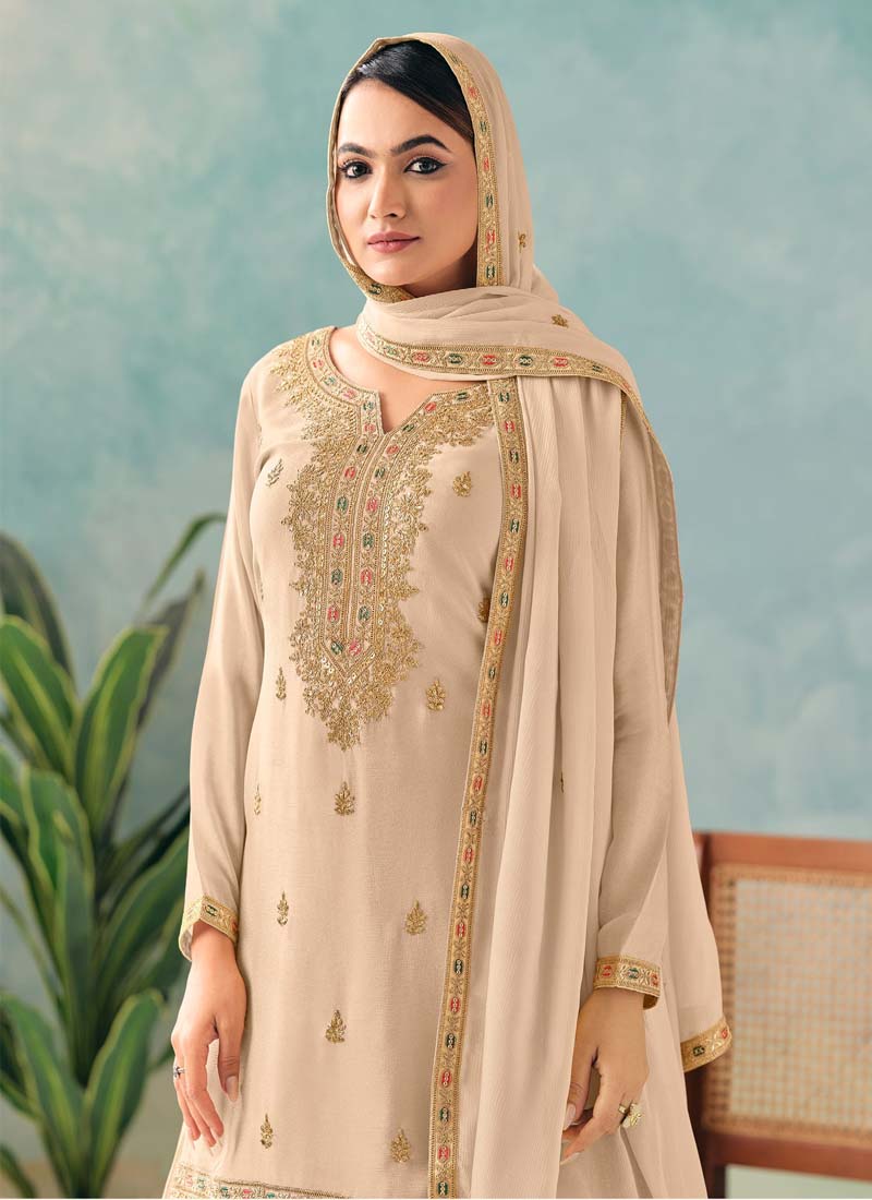 Elegant Cream Embroidered Chinon Palazzo Suit