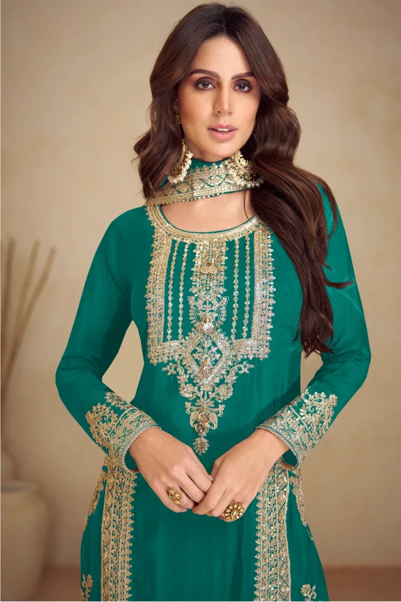 Green Embroidered Chinon Salwar Suit with Dupatta