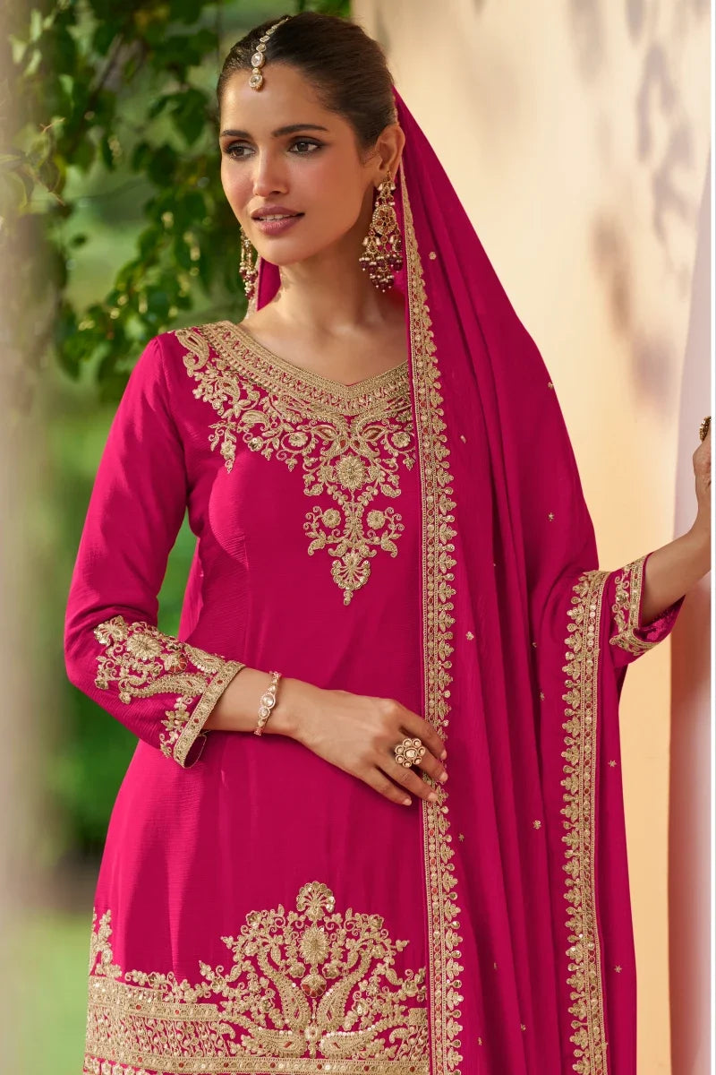 Rani Pink Heavy Embroidered Chinon Palazzo Suit with Dupatta