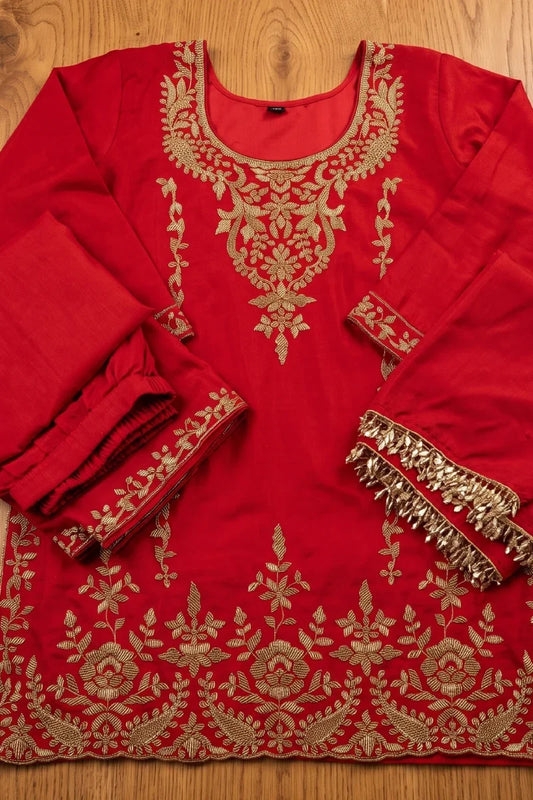 Red Chinon Beads Work Palazzo Suit