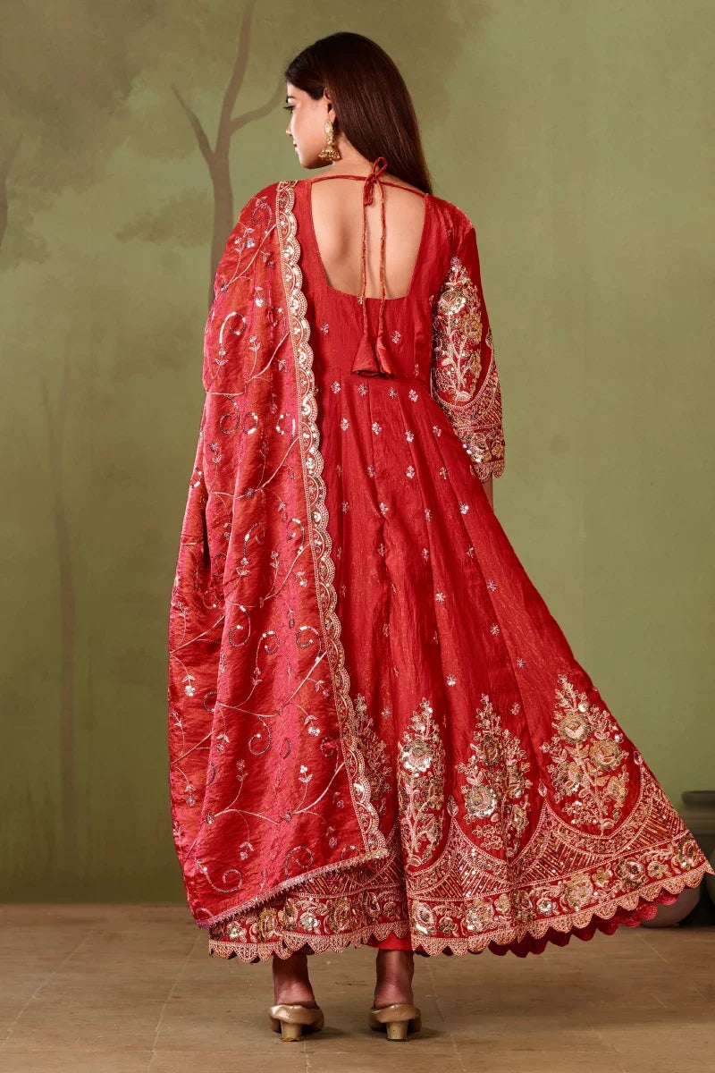 Red Jelly Simmar Silk Embroidered Anarkali Suit with Dupatta