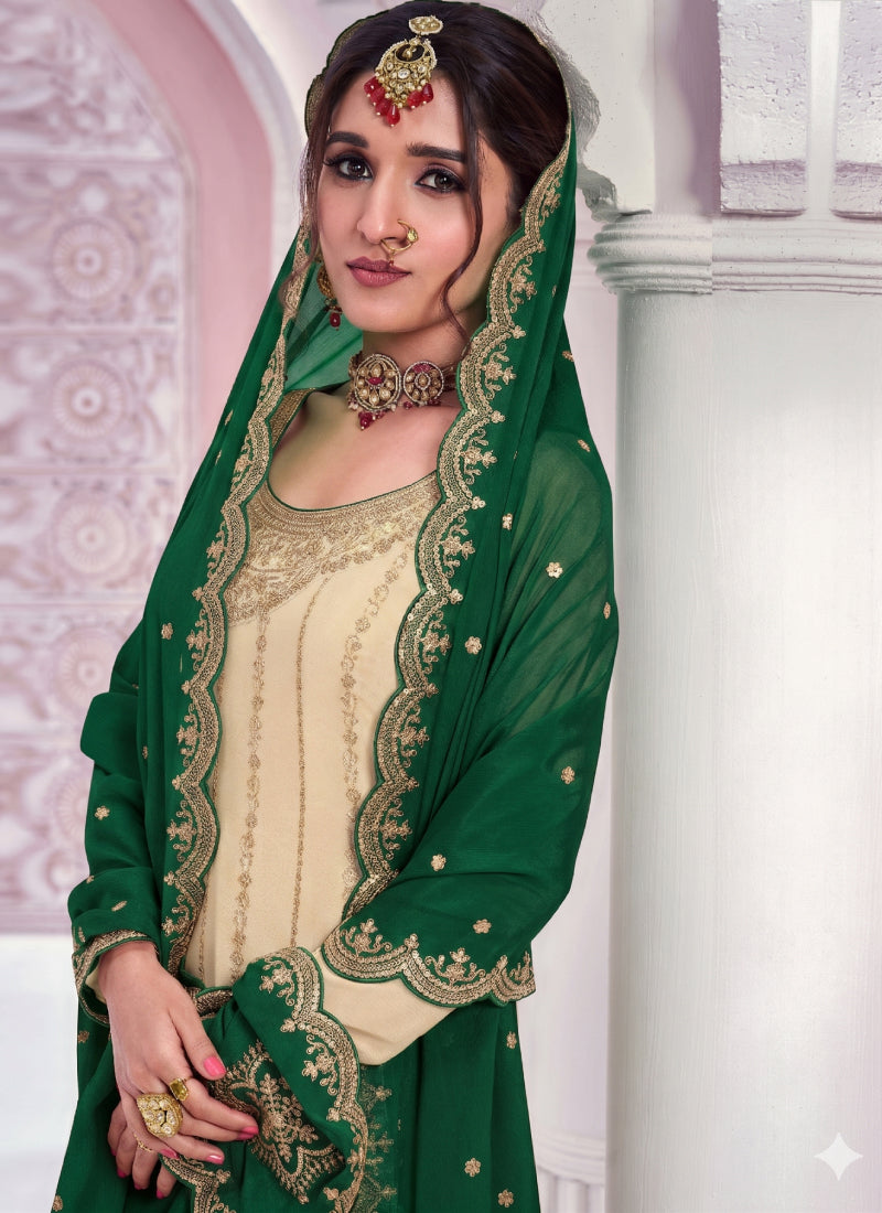 Cream Zari Chinon Silk Palazzo Suit