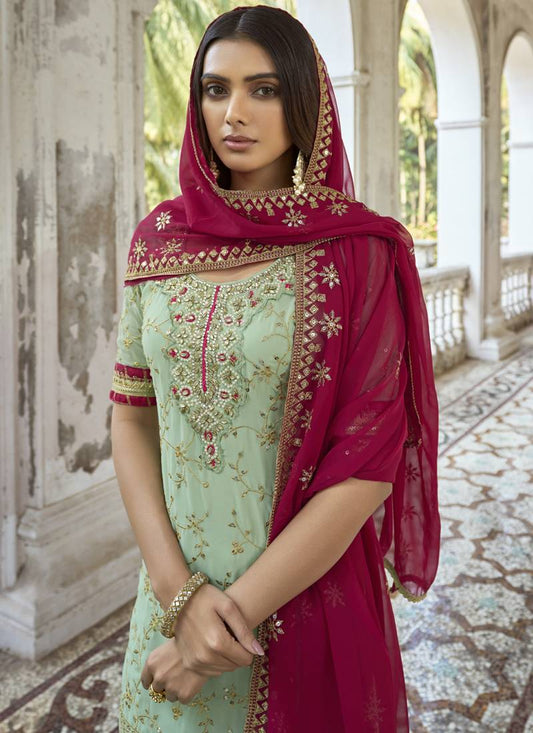 Sea Green Georgette Embroidery Party Wear Palazzo