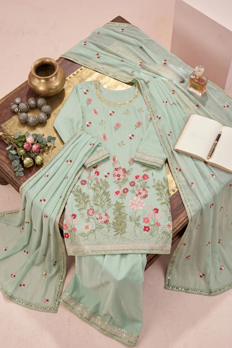 Mint Green Chinon Thread Embroidered Palazzo Suit