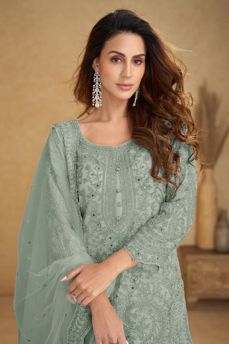 Dusty Green Soft Net Embroidered Palazzo Suit