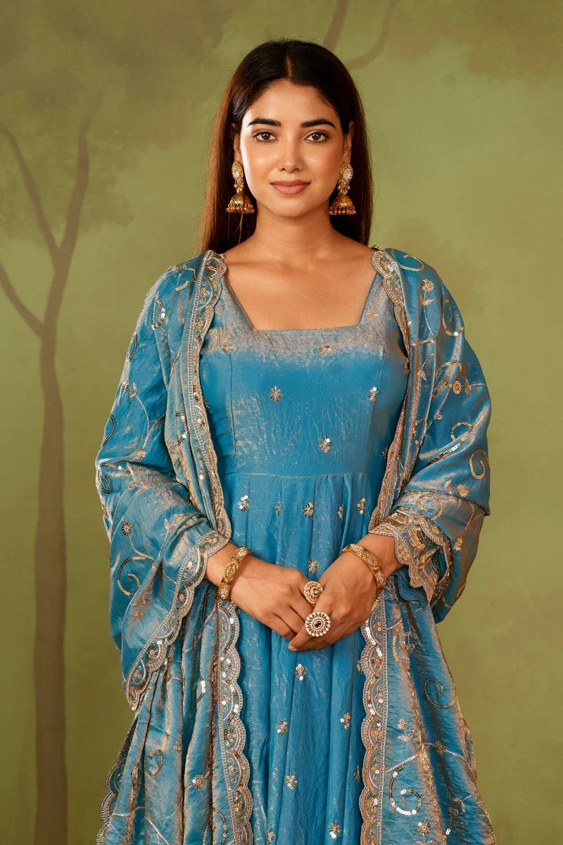 Sky Blue Jelly Simmar Silk Embroidered Anarkali Suit with Dupatta