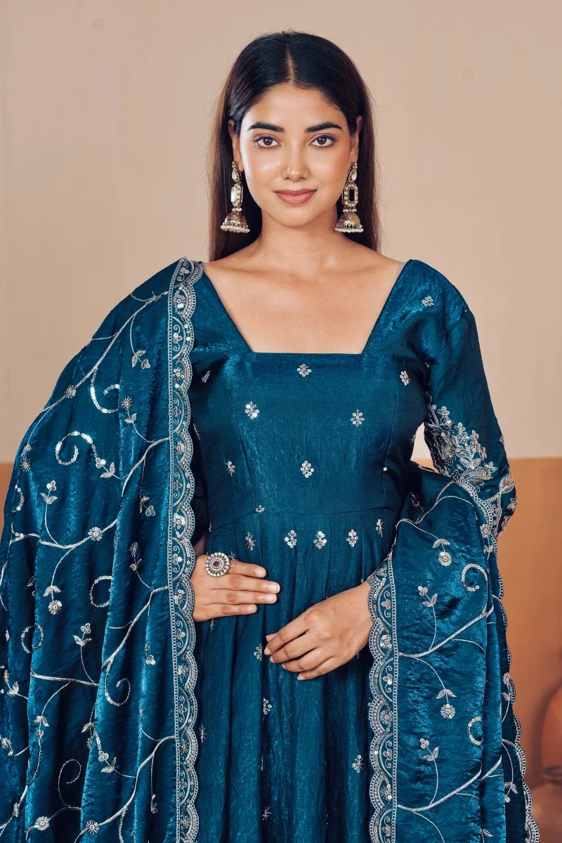 Bany Blue Jelly Simmar Silk Embroidered Anarkali Suit with Dupatta
