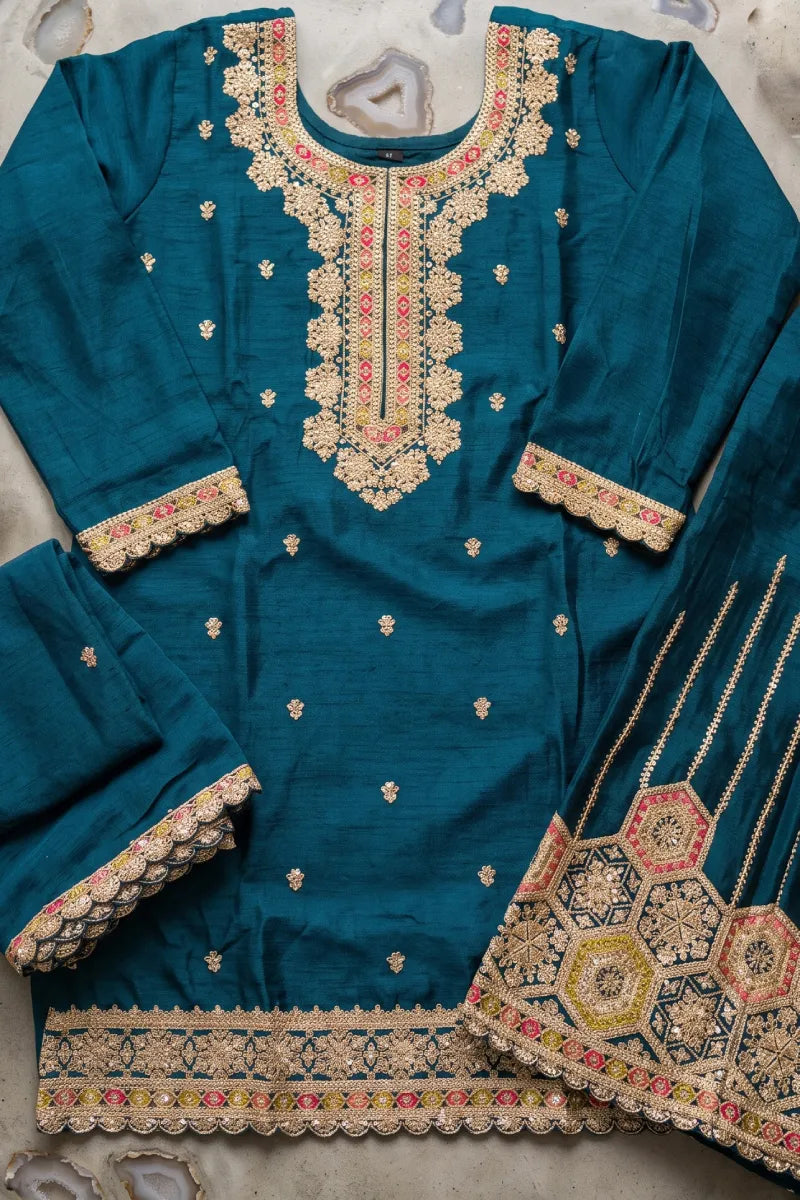 Teal Chinon Heavy Embroidered Palazzo Suit