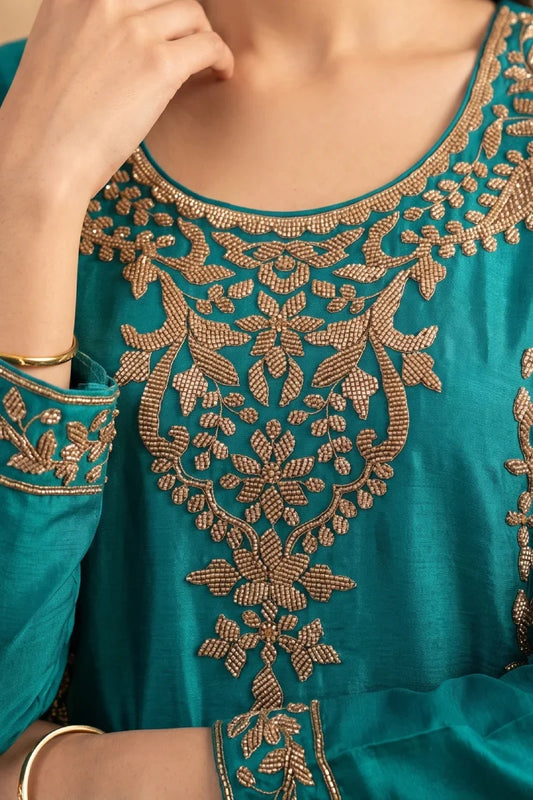 Rama Green Chinon Beads Work Palazzo Suit