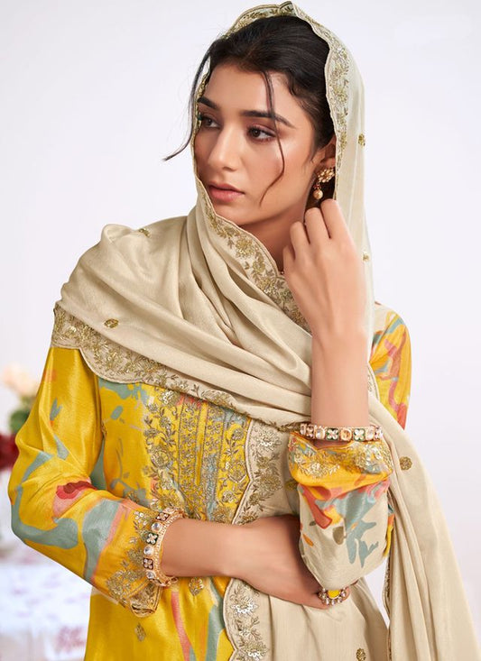 Yellow Embroidery Chinon Silk Salwar Suit