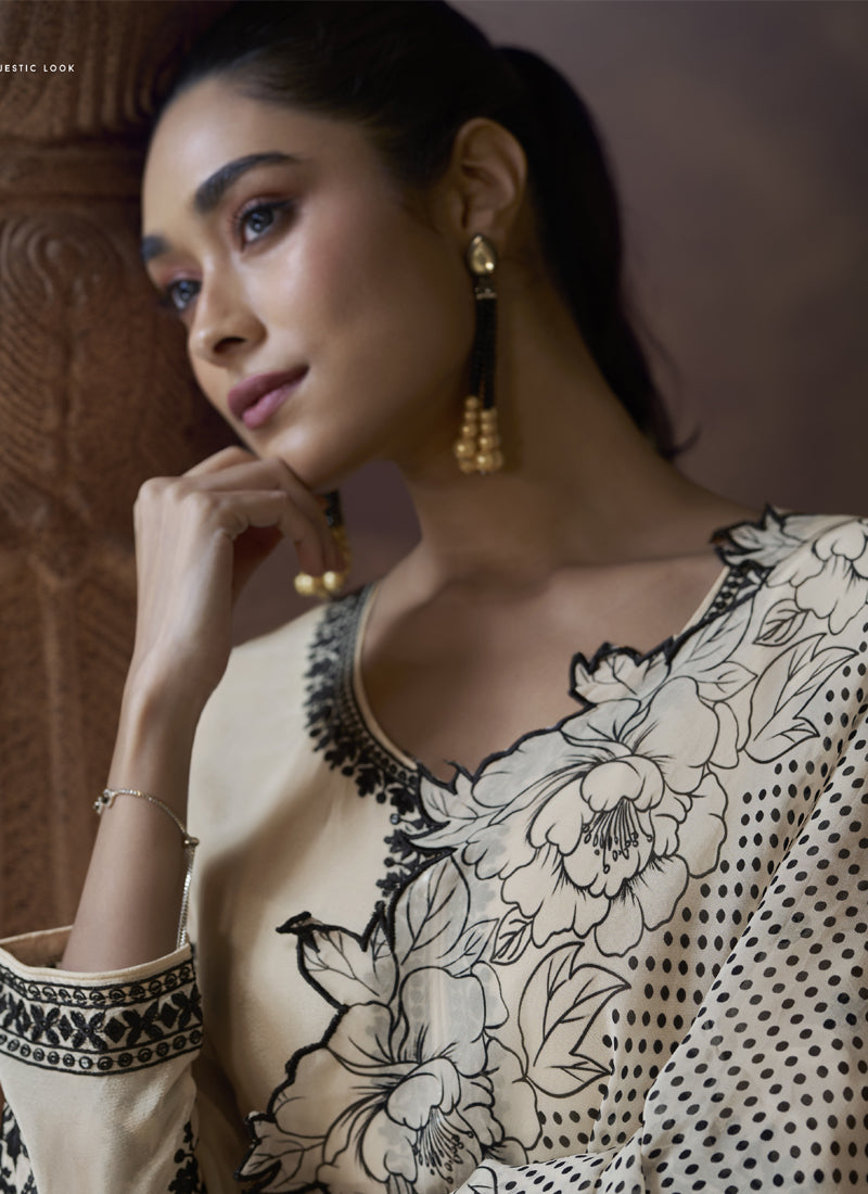 Off White Chinon Silk Embroidered Designer Palazzo Suit