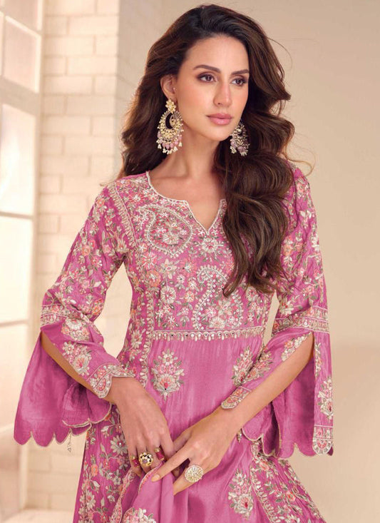 Onion Pink Shimmer Silk Embroidered Designer Palazzo Suit
