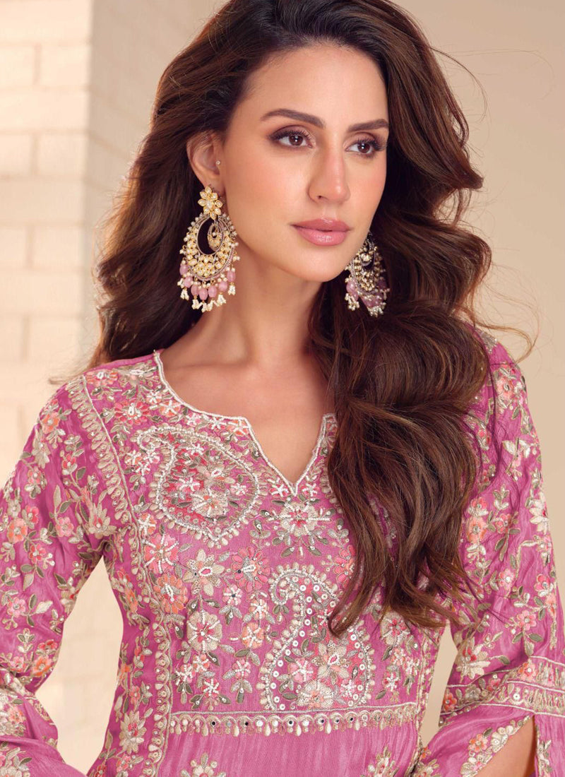 Onion Pink Shimmer Silk Embroidered Designer Palazzo Suit