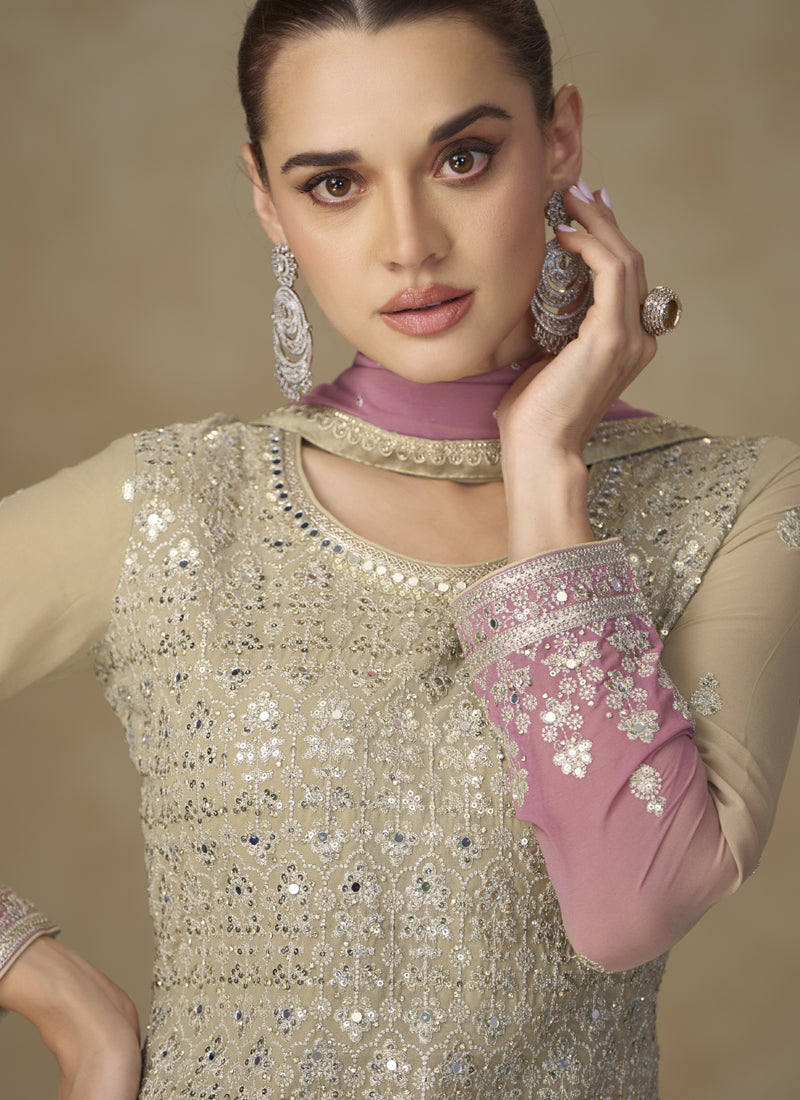 Beige and Pink Embroidered Georgette Sharara Style Suit