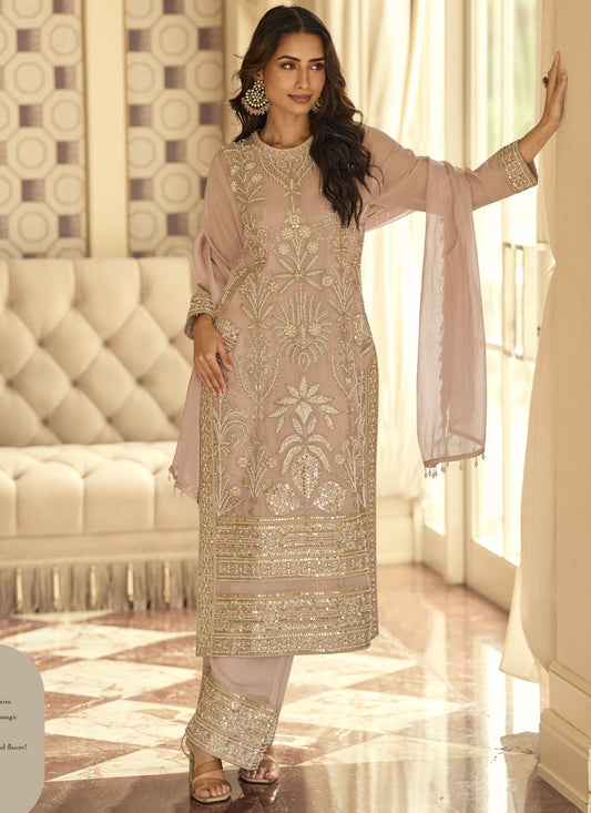 Light Peach Georgette Embroidered Beads Work Palazzo Suit