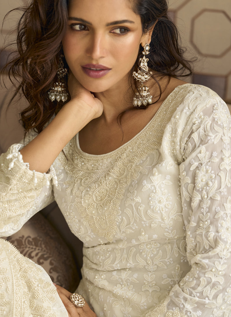 Off White Georgette Embroidered Beads Work Palazzo Suit