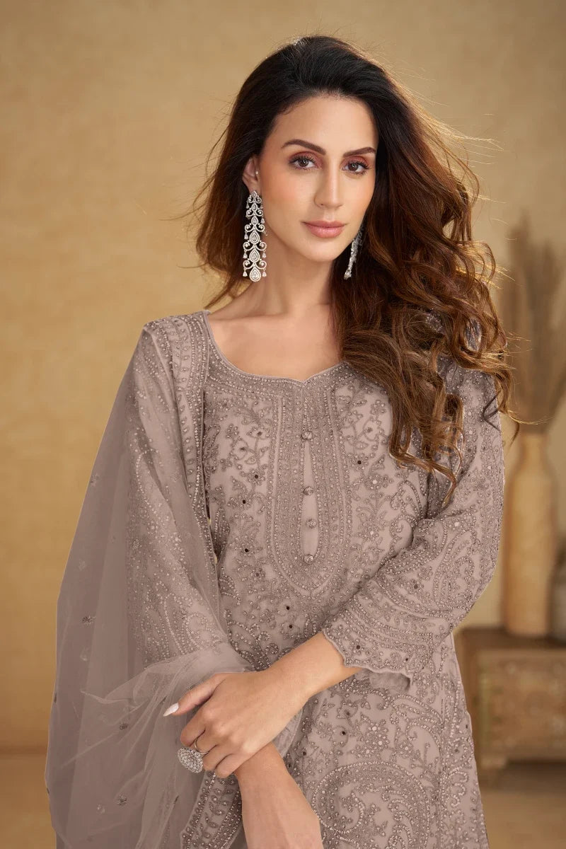 Brown Soft Net Embroidered Palazzo Suit with Dupatta