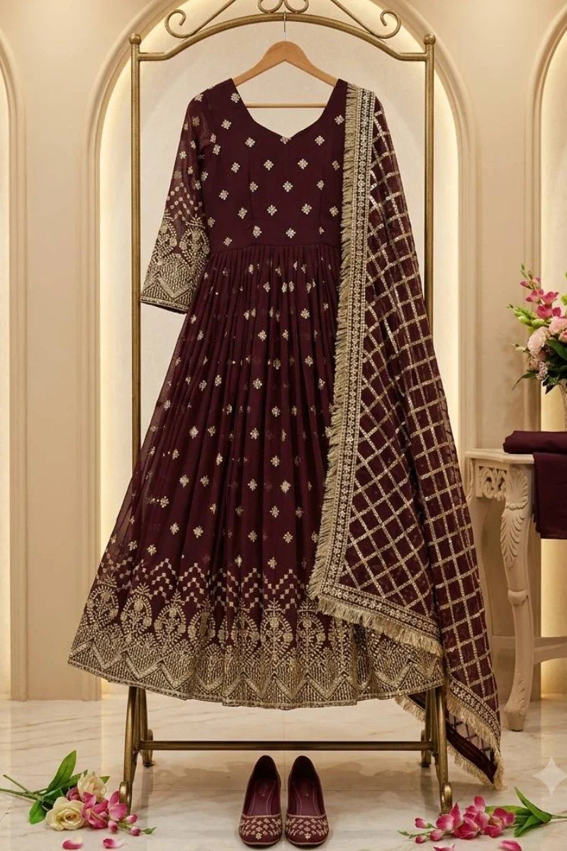 Dark Purple Embroidered Georgette Anarkali Suit with Dupatta